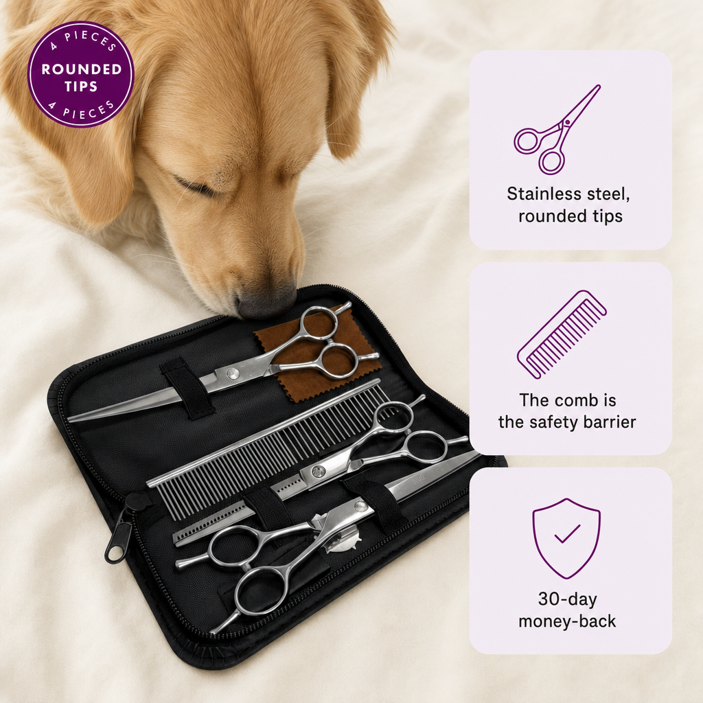 Bjaf Beginner Dog Grooming Scissor Set, four stainless steel pieces with rounded tips in a zip case. The comb is the safety barrier, 30-day money-back.