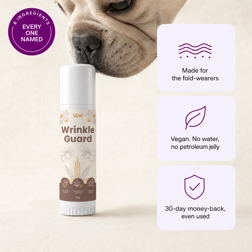Bjaf Wrinkle Guard balm stick, 8 ingredients every one named. Made for the fold-wearers, vegan, 30-day money-back even used.