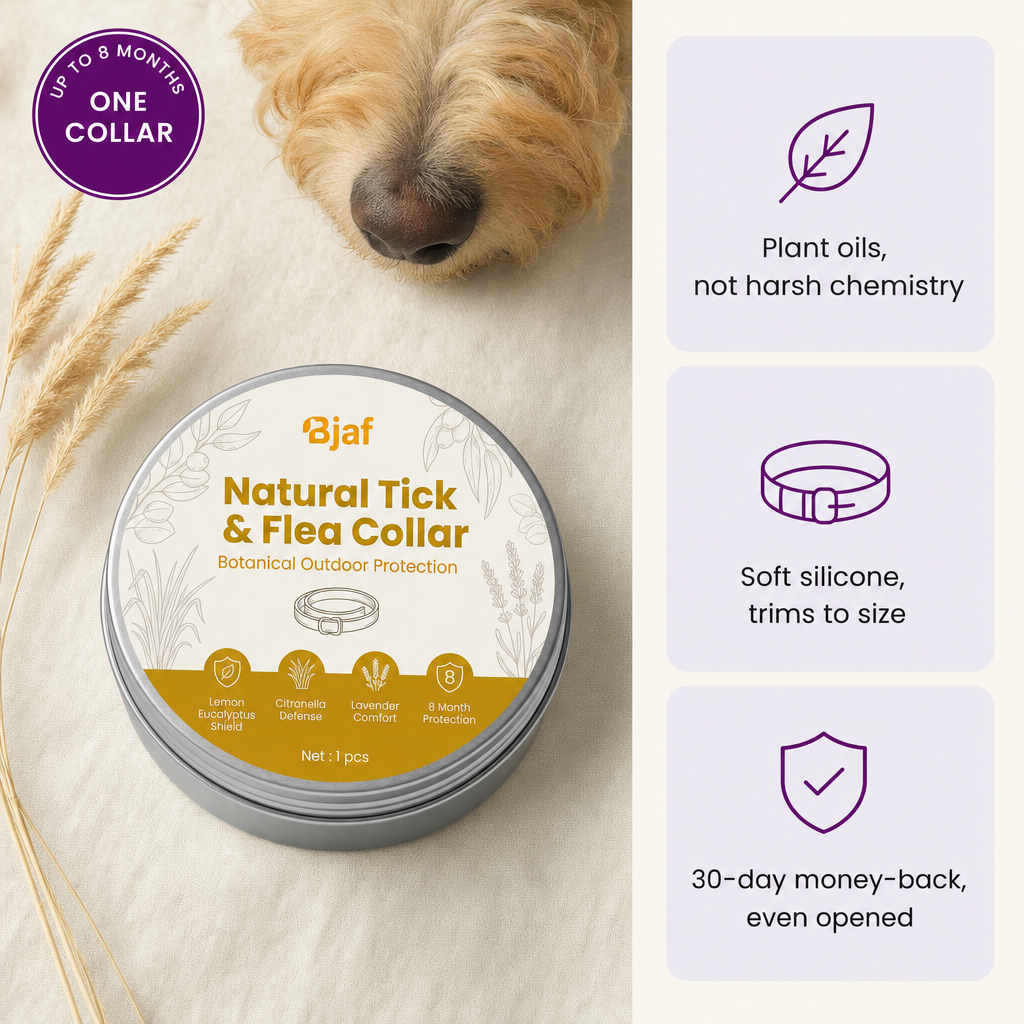 Bjaf Natural Tick Collar tin. Up to 8 months from one collar. Plant oils, soft silicone, trims to size, 30-day money-back even opened.