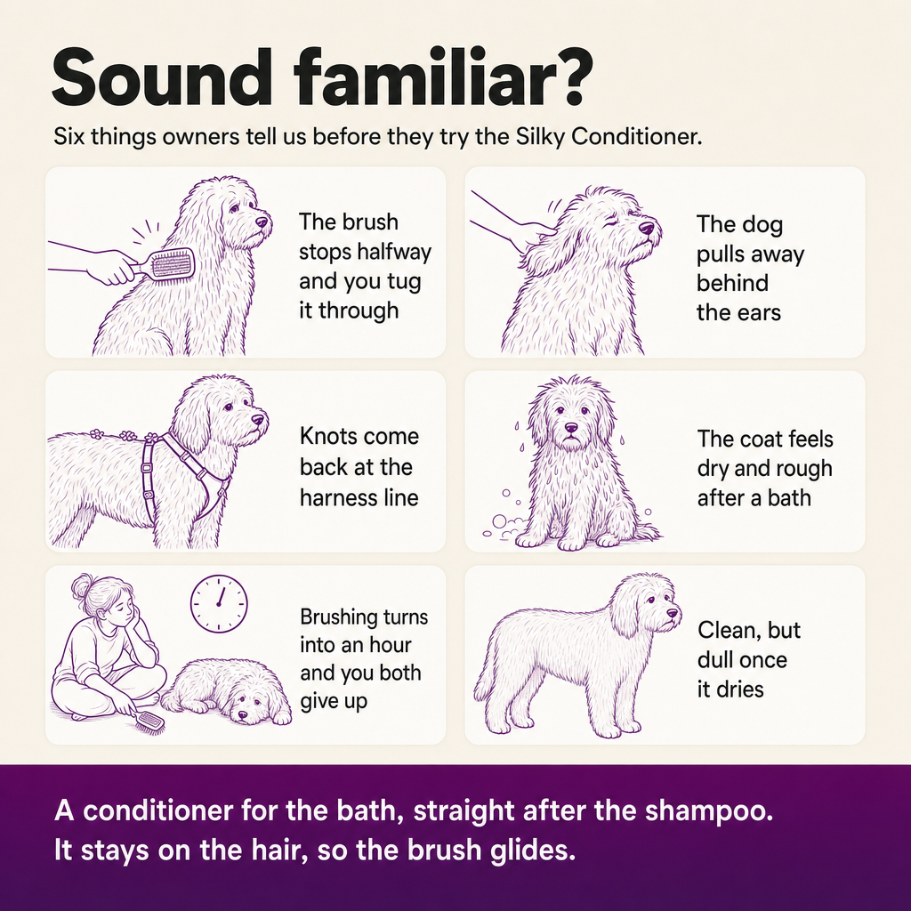 Sound familiar? Six things owners describe before trying the Silky Conditioner: brush stops halfway, dog pulls away, knots at the harness line, dry after a bath, brushing takes an hour, dull coat.