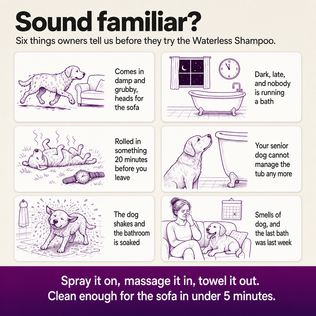 Sound familiar? Six things owners describe before trying the Waterless Shampoo: damp dog on the sofa, late with no bath, rolled in something before leaving, senior dog and the tub, soaked bathroom, doggy smell a week after the bath.