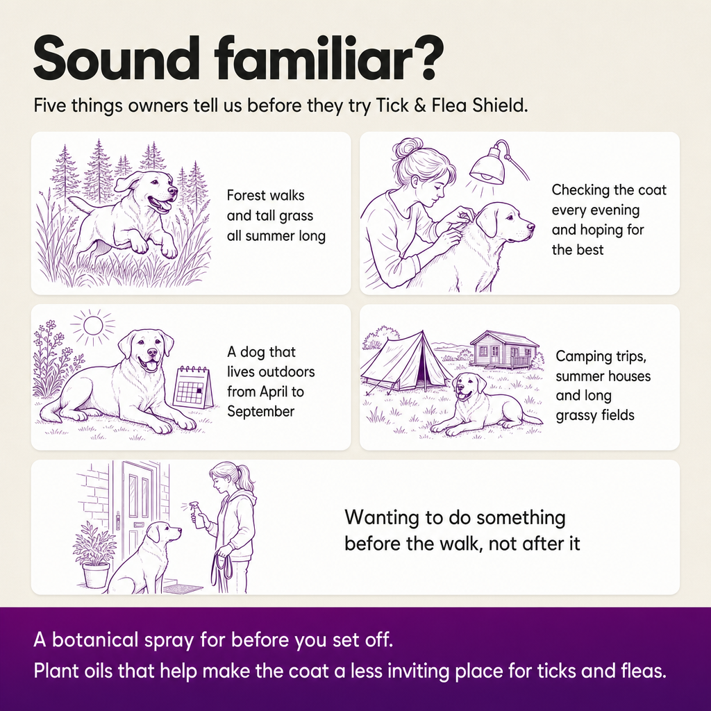 Sound familiar? Five things owners describe before trying Tick & Flea Shield: forest walks and tall grass, checking the coat every evening, a dog outdoors all summer, camping and summer houses, wanting to do something before the walk.