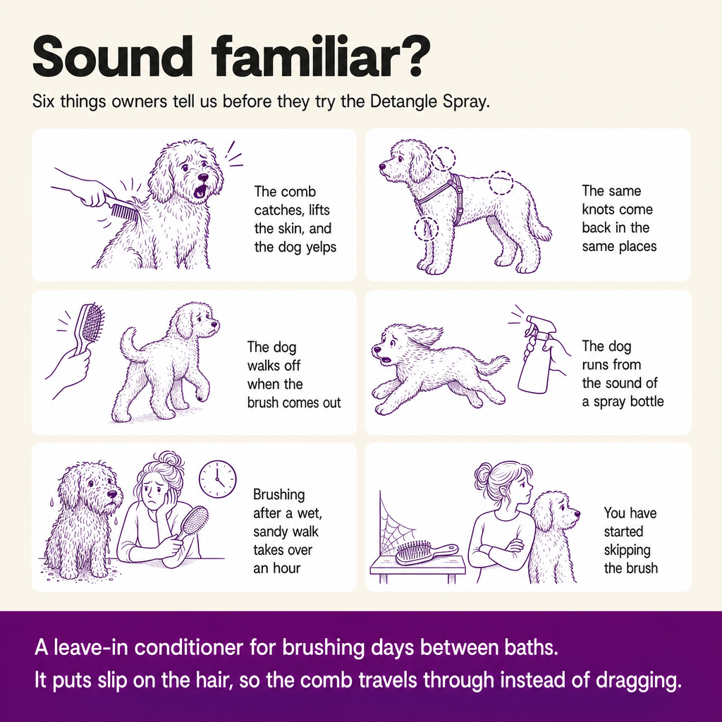 Sound familiar? Six things owners describe before trying the Detangle Spray: the comb catches and the dog yelps, knots come back, dog walks off from the brush, runs from spray bottles, hour-long brushing, skipping the brush.