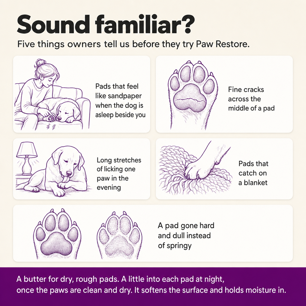 Sound familiar? Five things owners describe before trying Paw Restore: sandpaper pads, fine cracks, evening licking, pads that catch on a blanket, a pad gone hard and dull.