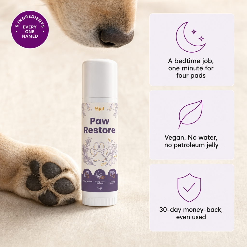 Bjaf Paw Restore balm stick, 5 ingredients every one named. A bedtime job, vegan, 30-day money-back even used.