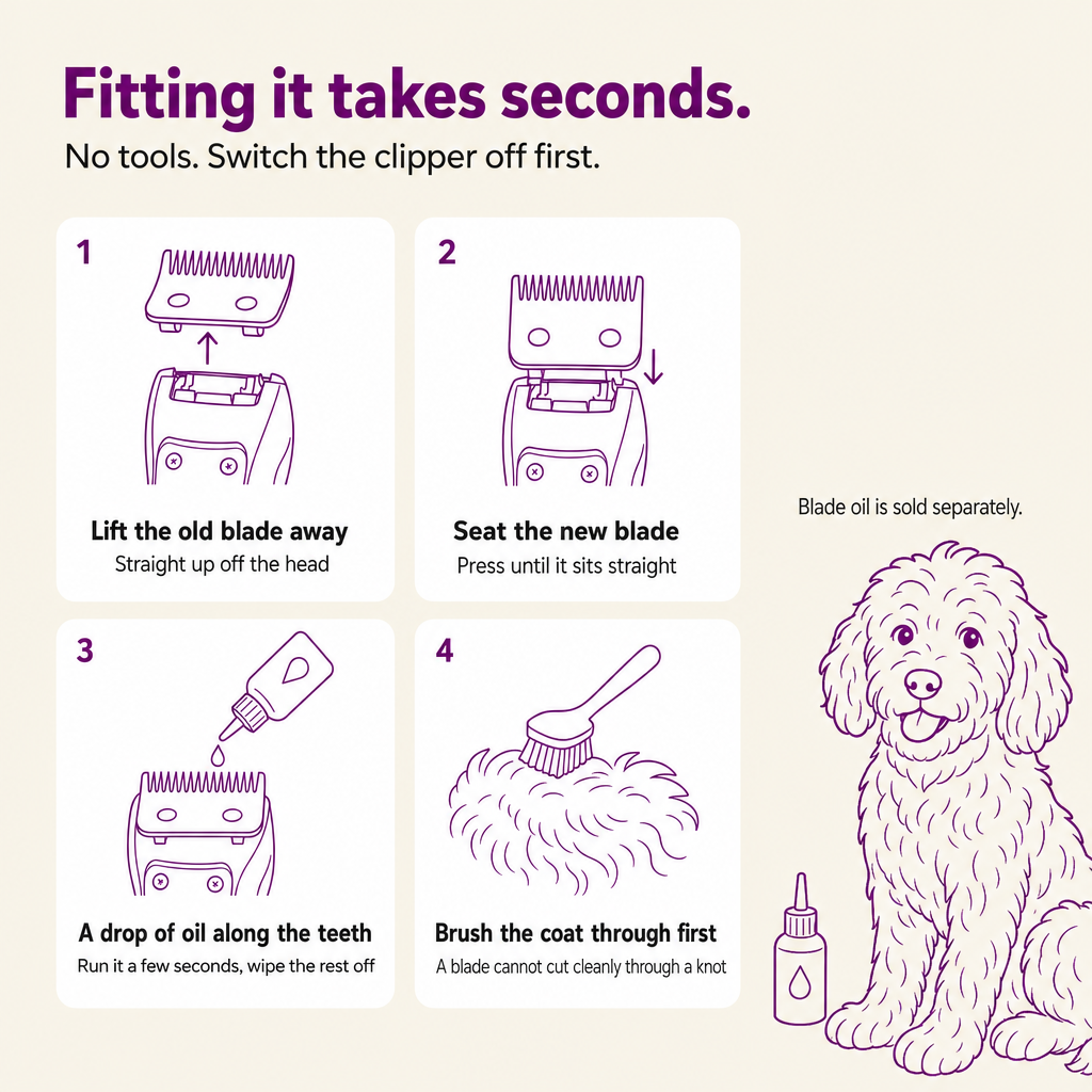 Fitting it takes seconds: lift the old blade away, seat the new one, a drop of oil along the teeth, brush the coat through first.