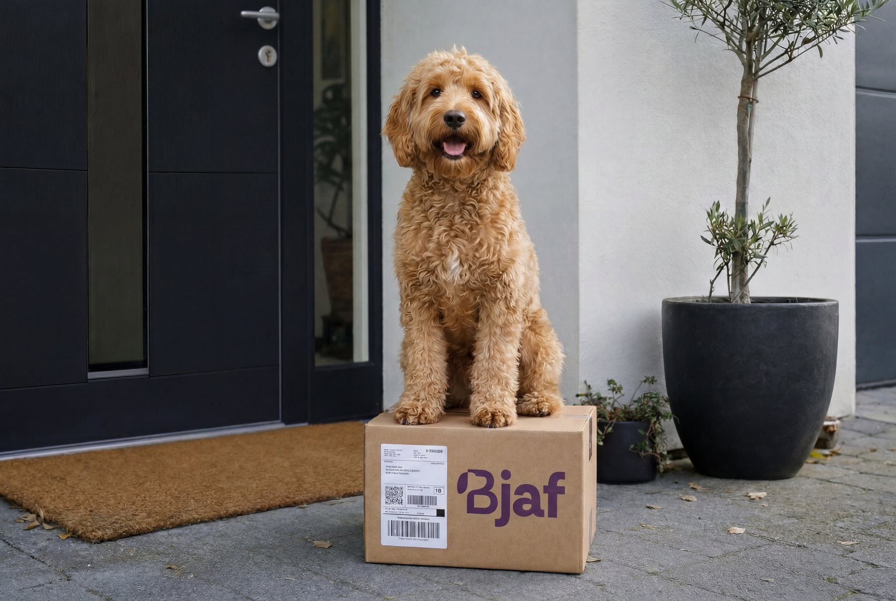 Translation missing: it.A dog with a delivered Bjaf parcel at the front door